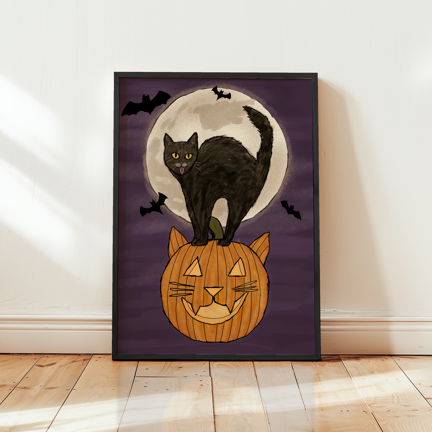 Halloween Black Cat on Pumpkin Print