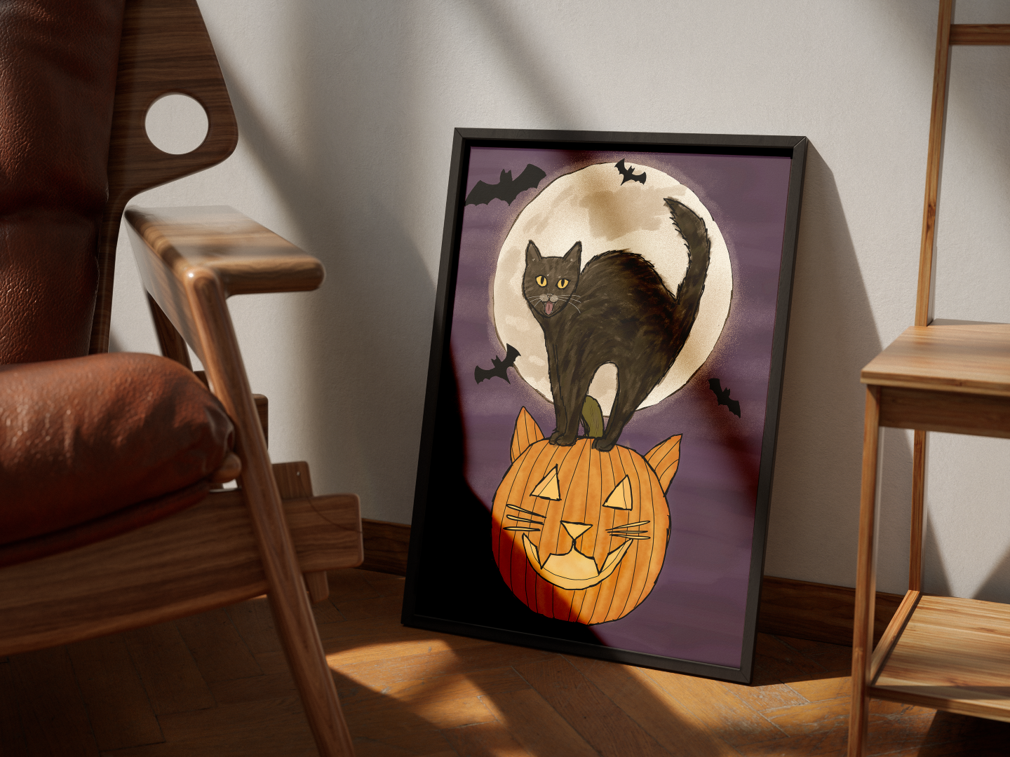 Halloween Black Cat on Pumpkin Print